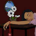 Illustration of a woman lying on a table with flowers and a mirror in the background