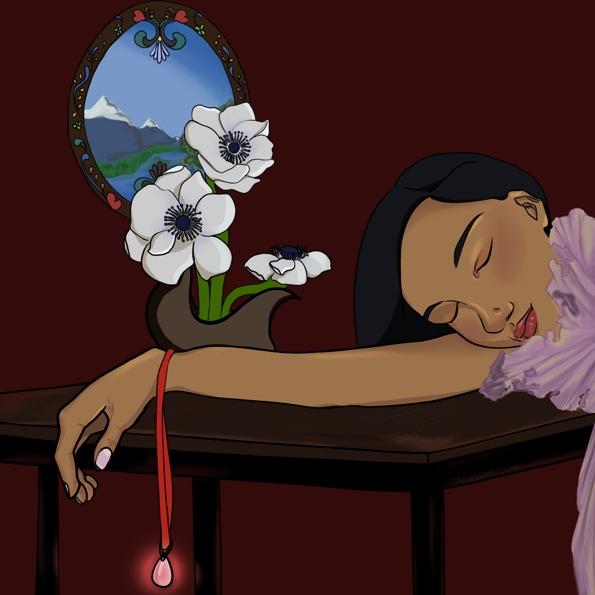 Illustration of a woman lying on a table with flowers and a mirror in the background
